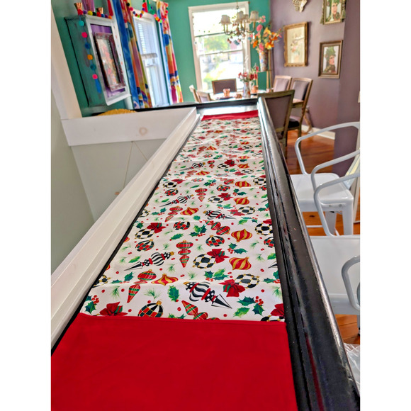 MacKenzie-Childs Deck the Halls Table Runner 72 x 14 Christmas Ornaments Red - Picture 3 of 5